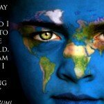 Portrait of a boy with the map of the world painted on his face.